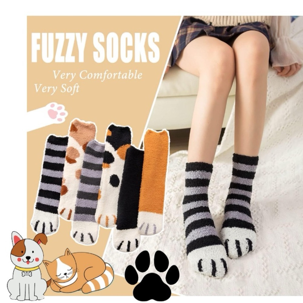 Cute Paw Print socks Womens one size fuzzy warm Animal cat dog paw sock - Picture 2 of 4